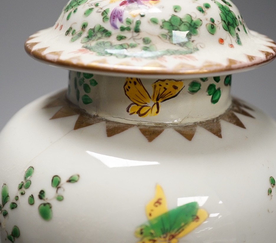 A Japanese polychrome enamelled porcelain vase and cover and a Samson scale blue hexagonal vase, in Worcester style, tallest 30cm